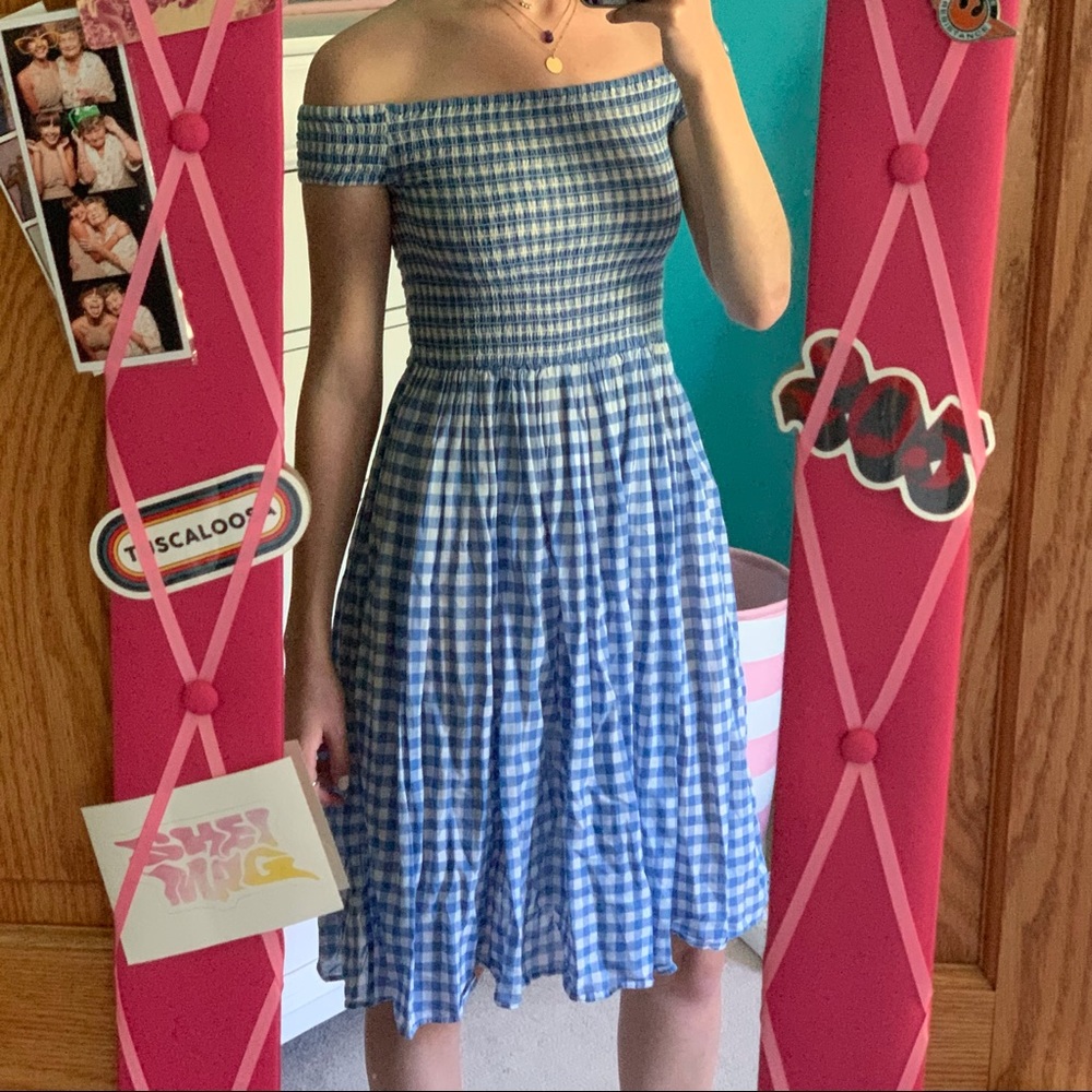 J. Crew blue and white gingham off the shoulder midi dress